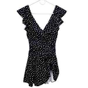 Polka Dot Ruffle One-Piece Swimsuit With Wrap Tie - Aidonger Size S Navy White